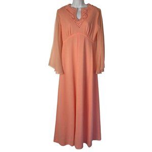 Vintage 70s Orange Maxi Dress 14 Medium Sheer Sleeves Empire Waist Prom